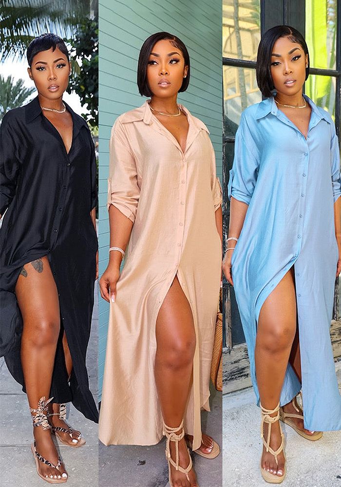 Robe Chemise Décontractée Satinée Brillante pour Femmes