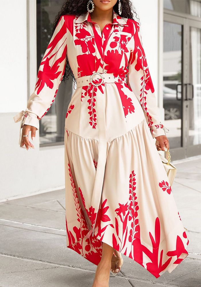 Robe Ample Femme Africaine d'Été à Manches Longues Imprimée avec Col Rabattu et Coupe Irregulière