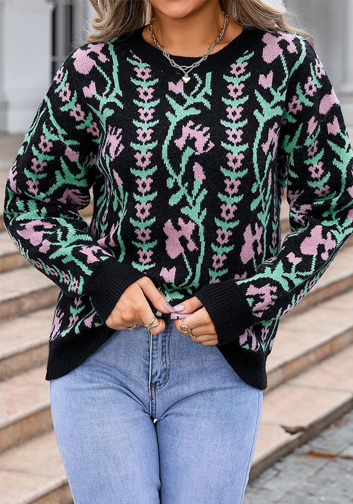 Pull Floral à Col Rond en Jacquard pour Femmes