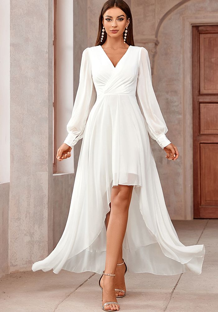 Robe longue à manches longues à col en V irrégulier pour femmes