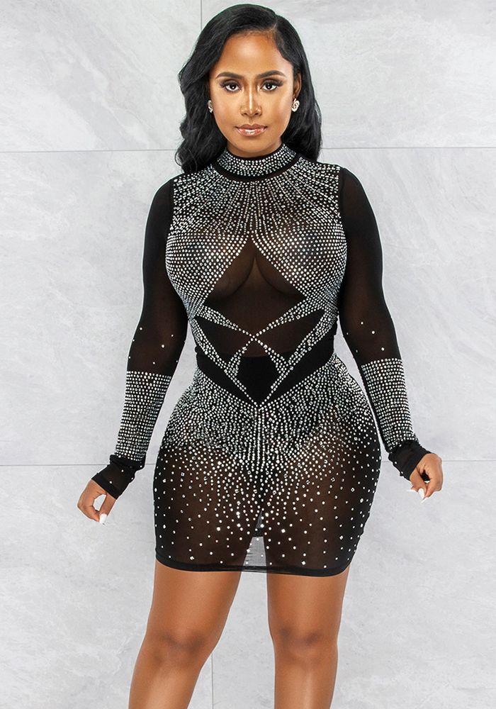 Robe Bodycon Transparente en Maille à Perles Sexy pour Femmes