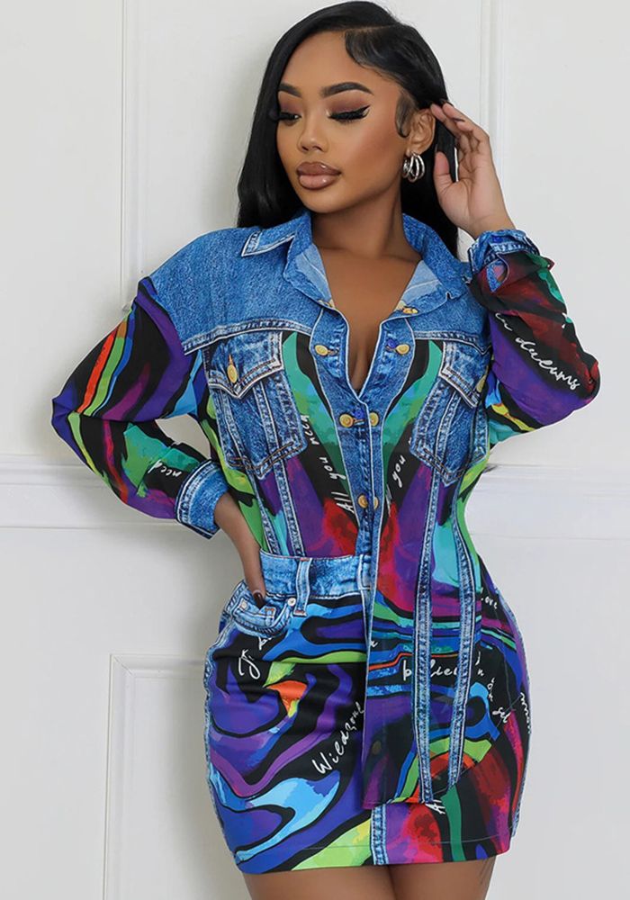 Ensemble de Deux Pièces Femme avec Chemise à Col Rabattu Imprimée et Jupe Courte Slim Sexy à Manches Longues