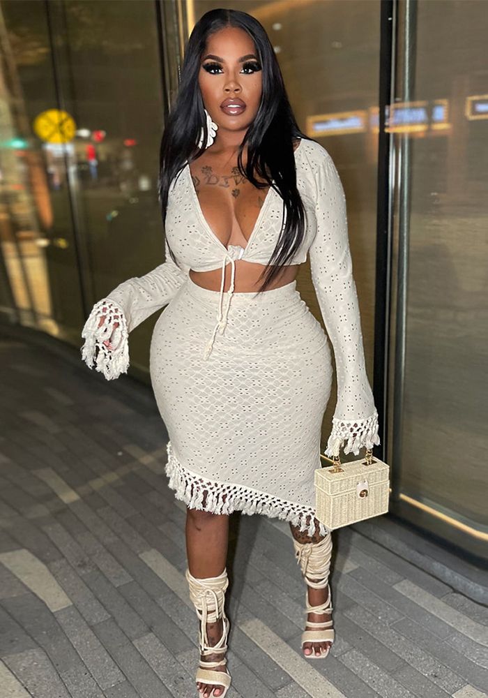Ensemble Deux Pièces Femme Sexy Top à Manches Longues à Franges et Jupe