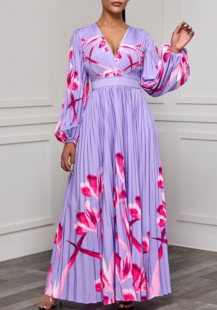 Robe longue chic plissée à manches longues et décolleté en V pour femmes