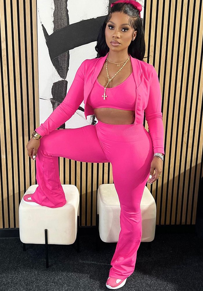 Ensemble de Pantalons Trois Pièces Sportifs Décontractés Sexy à Taille Ouverte à Manches Longues de Couleur Unie pour Femmes
