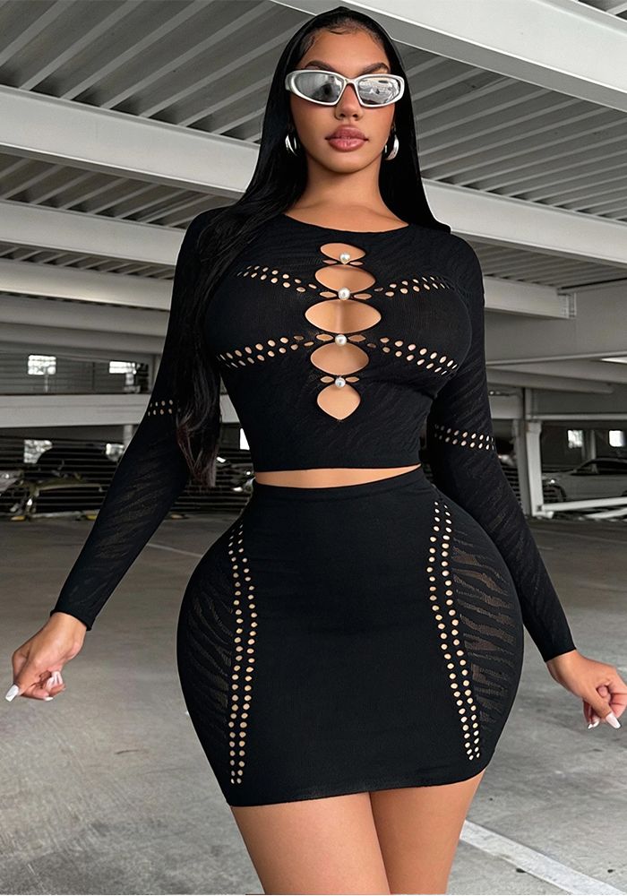 Ensemble Jupe Deux Pièces Tricoté Noir Perle Creux Femme Automne Hiver