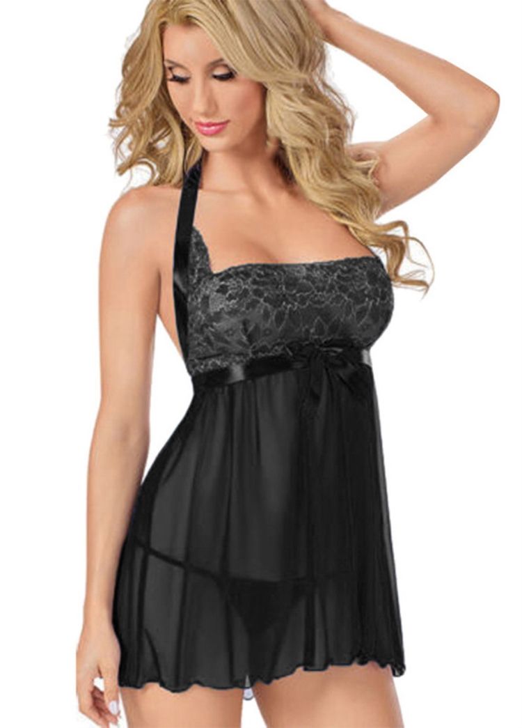 Babydoll Lingerie en Dentelle Noire Sexy avec Nœud