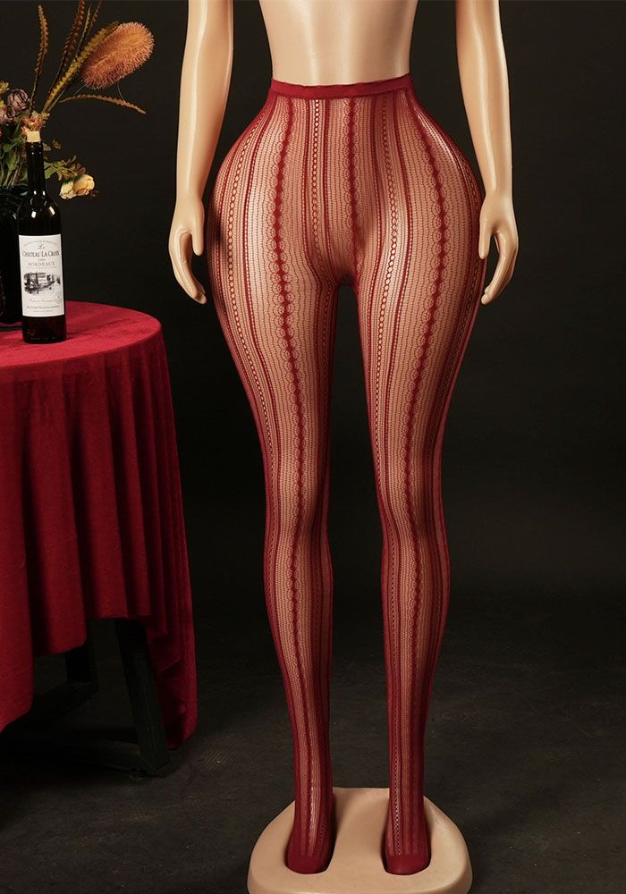 Collants en résille à rayures verticales en dentelle jacquard sans couture