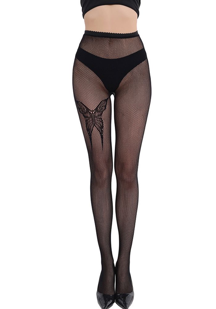 Collants en résille jacquard à longues bretelles papillon pour femmes
