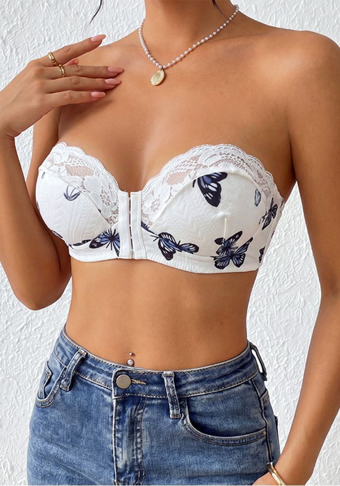 Haut de soutien-gorge sans bretelles à boutons en dentelle imprimée pour femmes