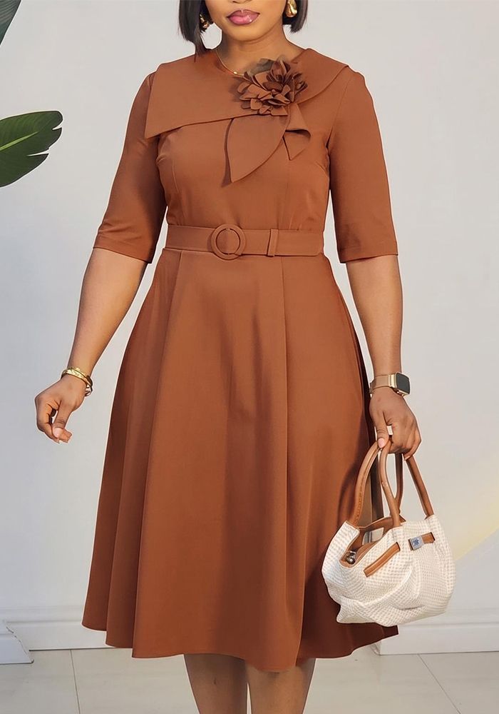 Robe Midi Élégante Chic Africaine à Manches Mi-Longues pour Femmes