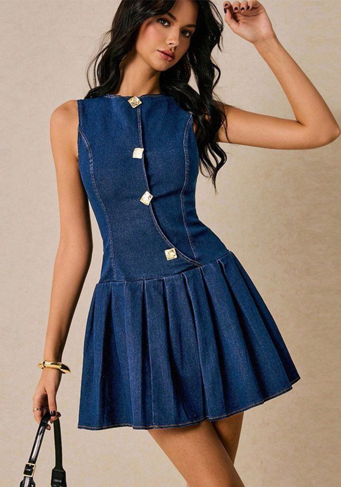 Robe en Jean Sans Manches Slim Taille Femme avec Boutons