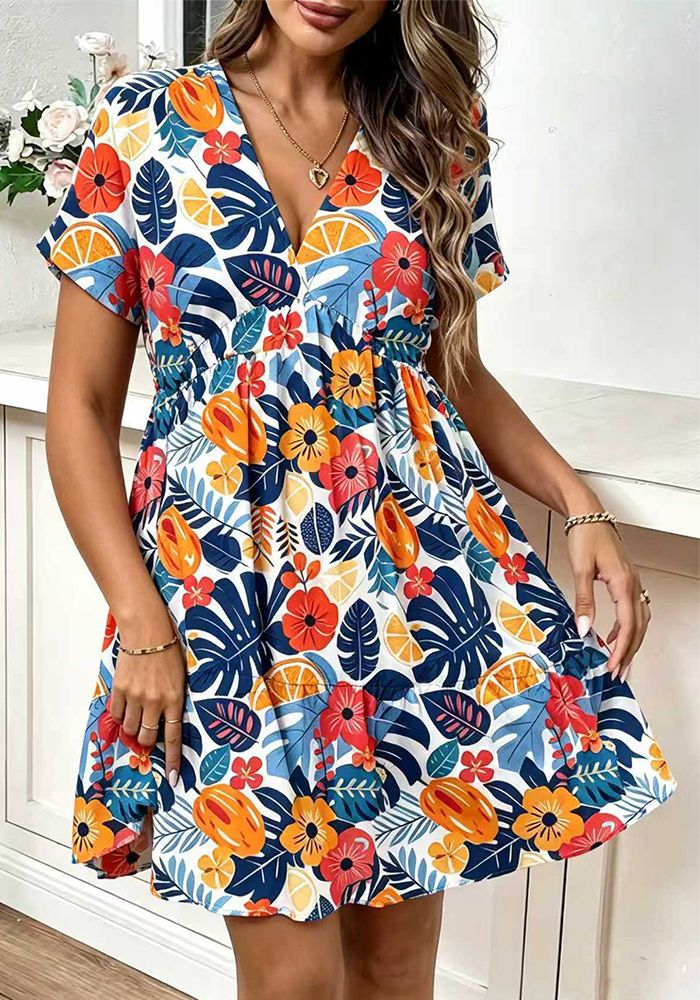 Robe d'été imprimée à manches courtes et décolleté en V pour femmes