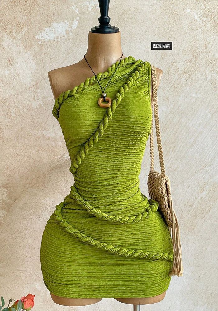Robe Mini Bodycon Texturée Plissée à Une Épaule avec Lacets Latéraux pour Femmes d'Été