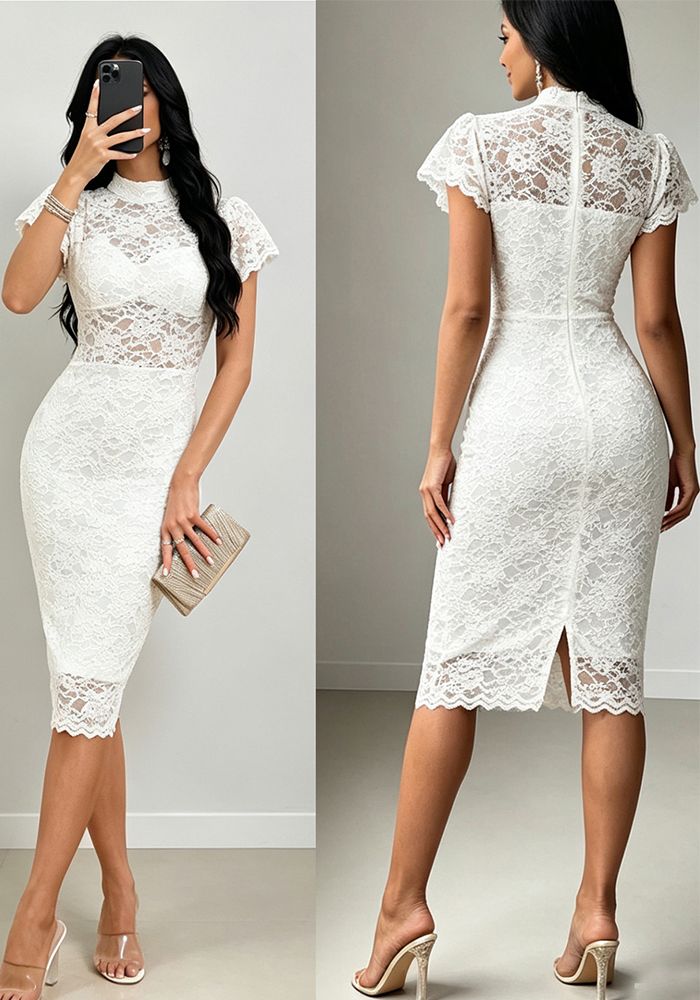 Robe d'été chic en dentelle pour femmes, taille haute, ajustement slim, manches courtes, fente creuse