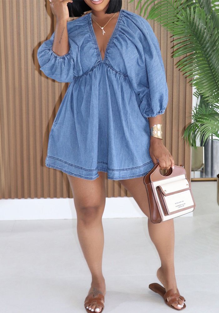 Robe Mini en Jean à Manches Bouffantes et Décolleté en V Profond pour Femmes - Été Automne