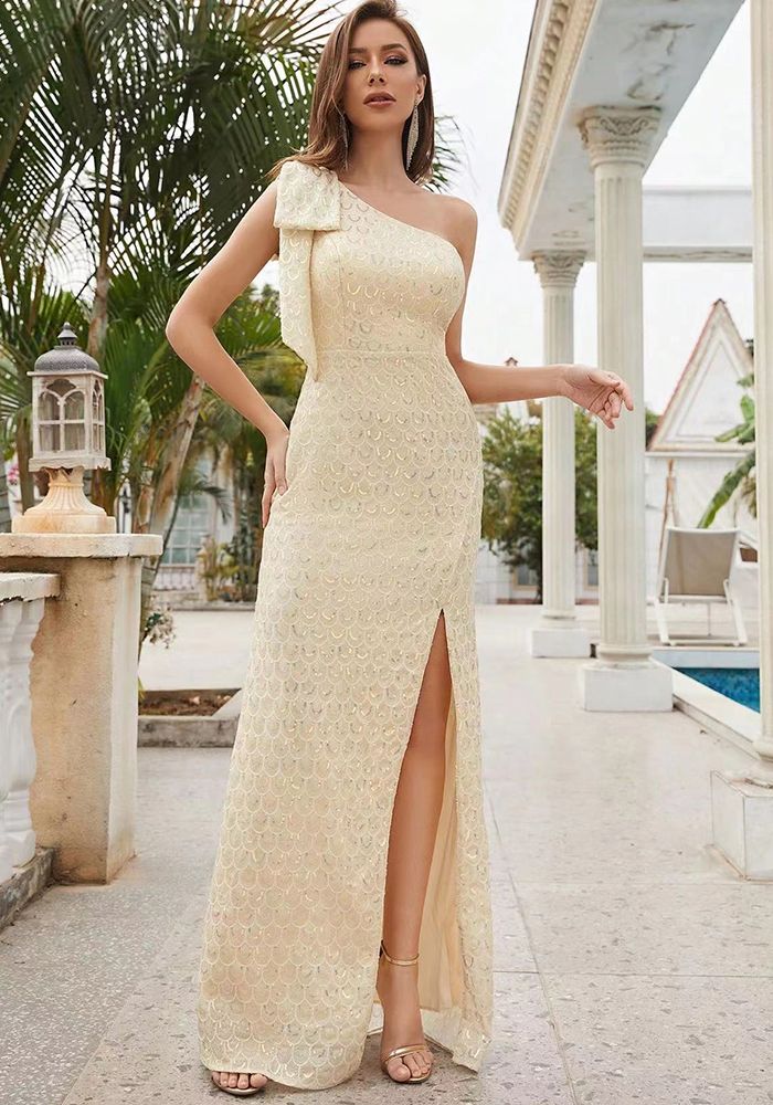 Robe de Soirée Élégante Beige à Sequins avec Fente