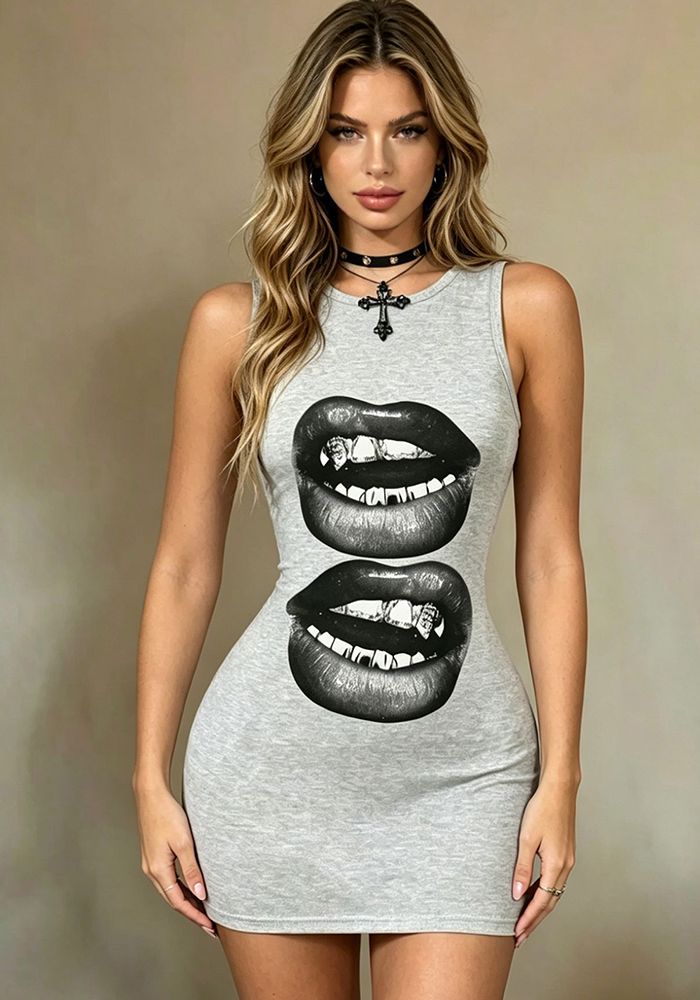 Robe Bodycon Sans Manches Imprimé Lèvres Femme