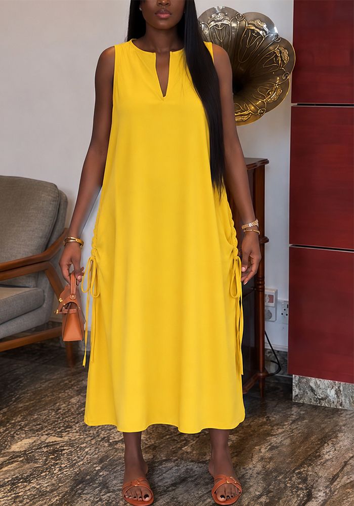 Robe Femme Élégante Décontractée Sans Manches V-Cou Avec Cordon Latéral