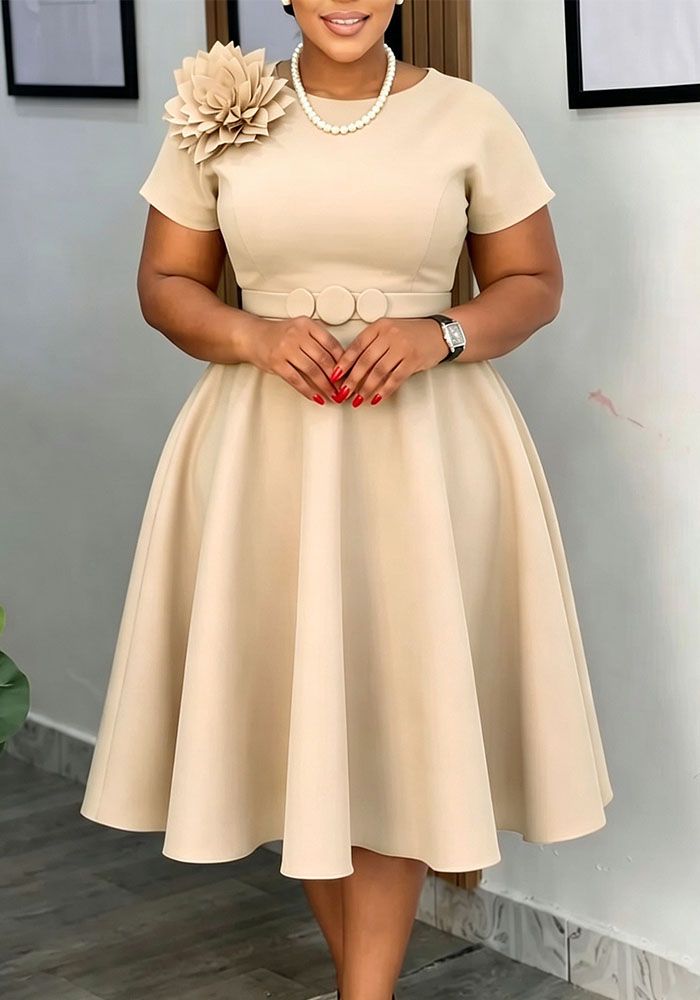 Robe Africaine A-Line Solide à Encolure Ronde Haute Taille pour Femmes Grande Taille