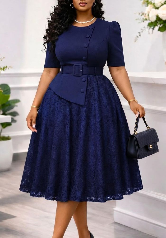 Robe d'été pour femmes grande taille avec patchwork en dentelle et faux deux-pièces