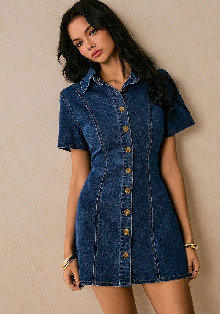 Robe Femme en Denim Uni avec Col Rabattu et Boutons Métalliques, Taille Slim, Manches Courtes Décontractée