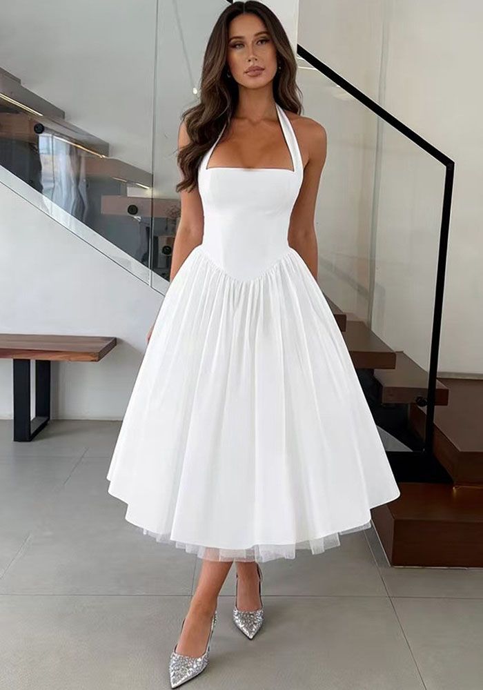 Robe Formelle Blanche Élégante Chic Slim Taille Large Évasée pour Femme en Été