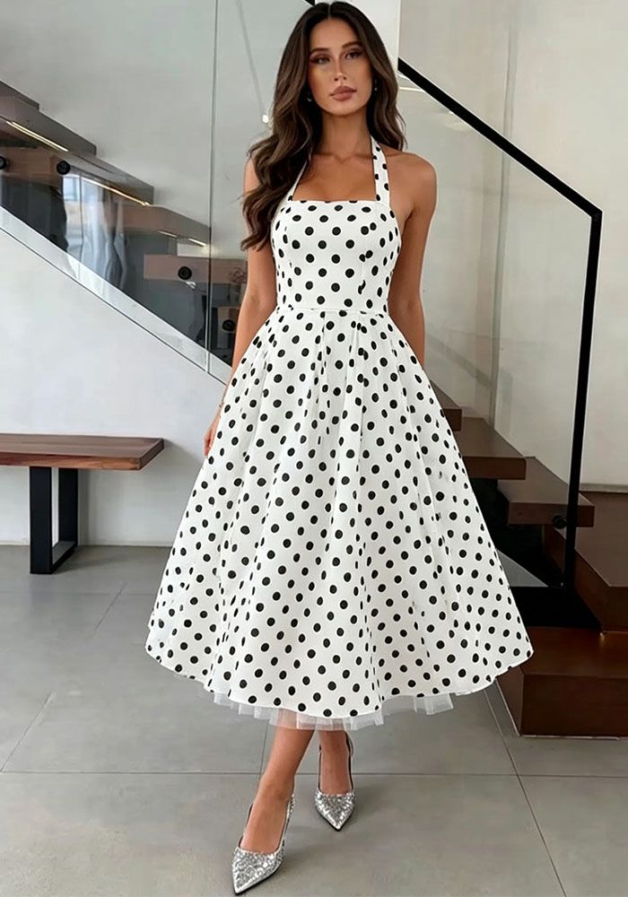 Robe sans manches à bretelles en A à pois pour femmes, coupe slim et taille fine