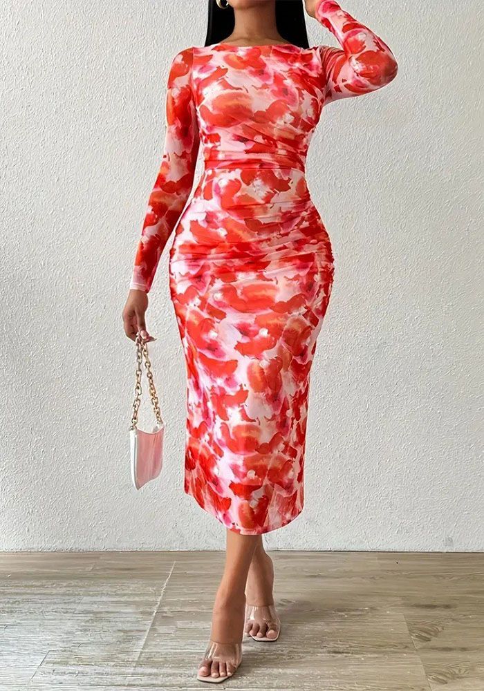 Robe Maxi Élégante Française Imprimée à Col Rond pour Femmes Printemps/Automne