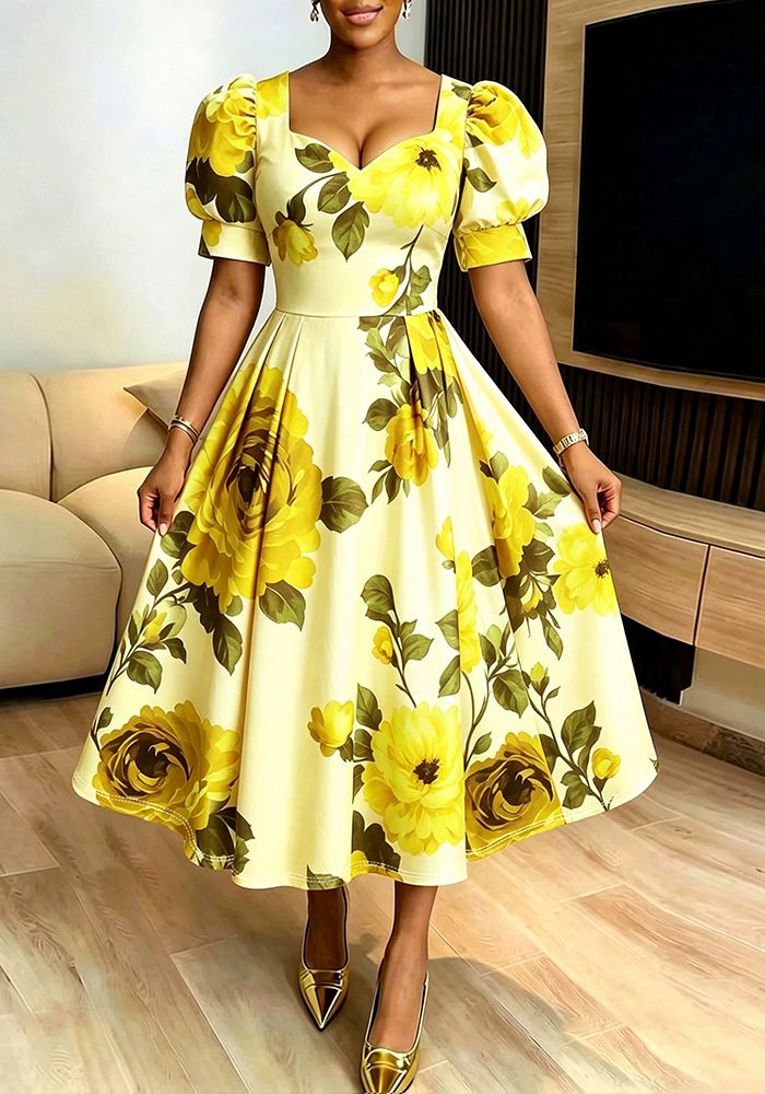Robe de fête formelle à manches courtes bouffantes et décolleté carré imprimé pour femmes