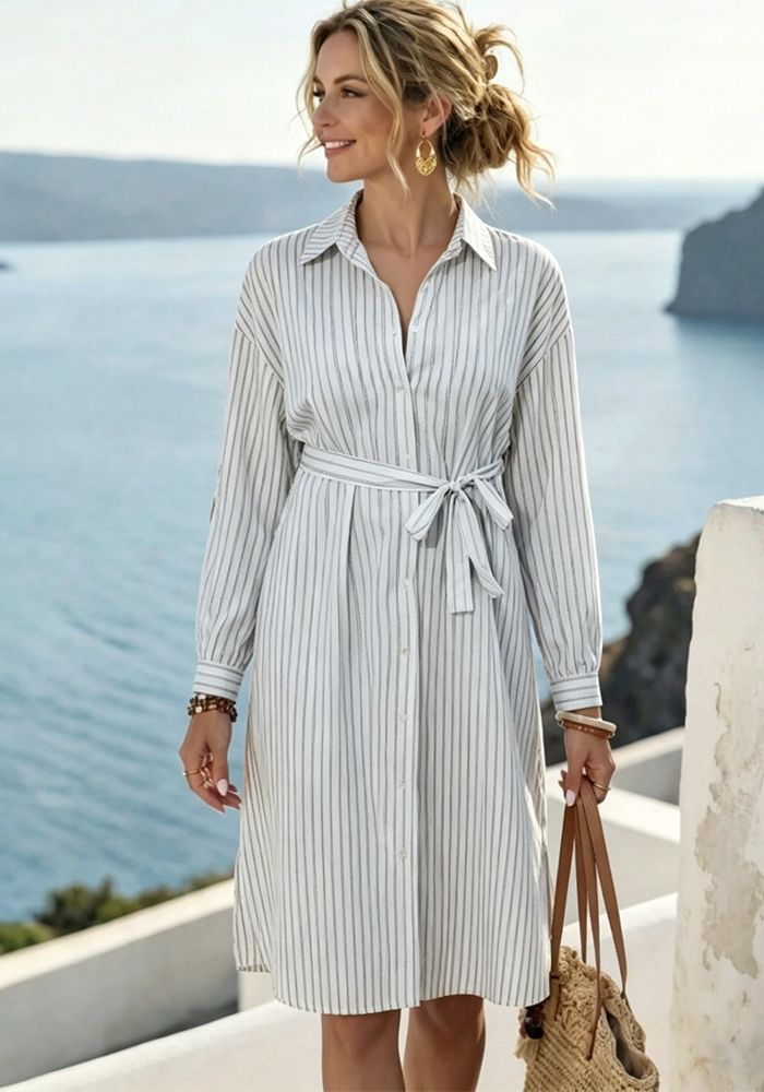 Robe Chemise Longue à Manches Rayée Slim Taille pour Femme