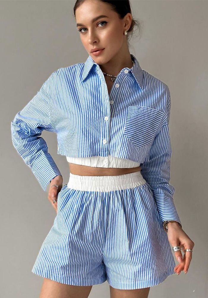 Ensemble Deux Pièces Femme Été Fashion Casual Chemise Rayée à Manches Longues Short Taille Élastique