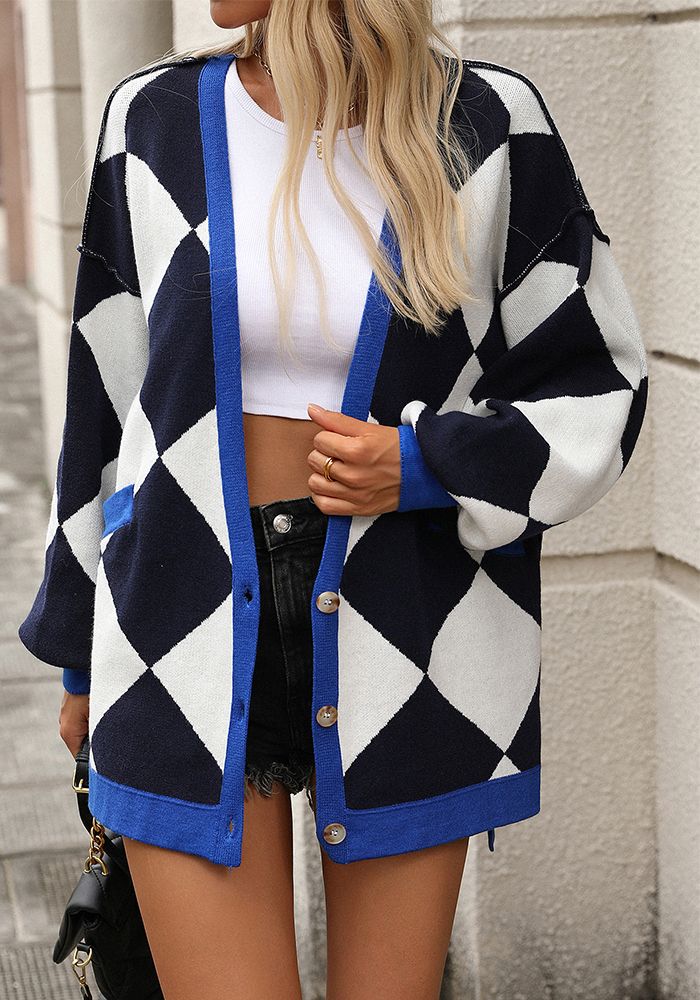 Cardigan en tricot loose à col en V pour femmes, patchwork en diamant, contraste de couleurs, automne hiver