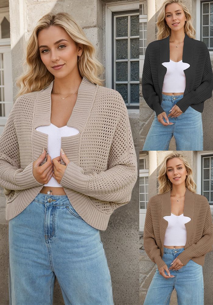 Mode automne hiver cardigan en tricot à manches chauve-souris en V pour femmes