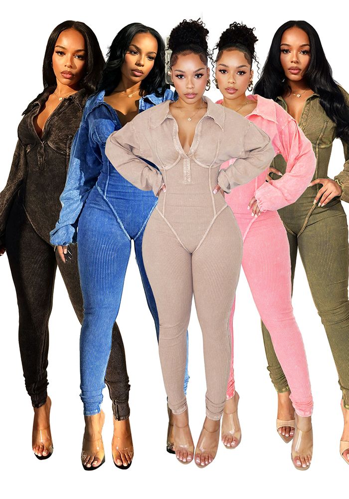 Mode Automne Et Hiver Femme Sexy Deep V Combinaison Longue Ajustée