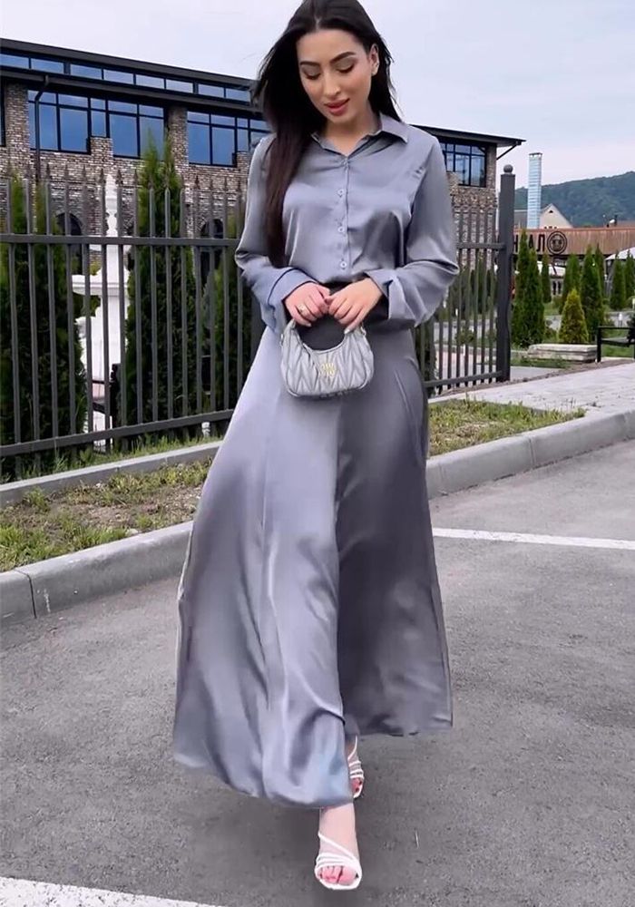 Ensemble Deux Pièces Chic à Manches Longues en Satin pour Femmes avec Jupe Taille Haute