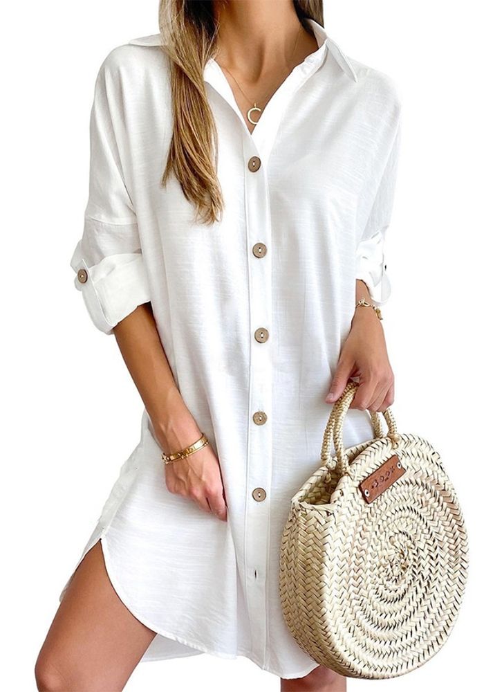 Robe Chemise à Manches Longues avec Col Rabattu et Boutons pour Femmes - Automne Décontractée