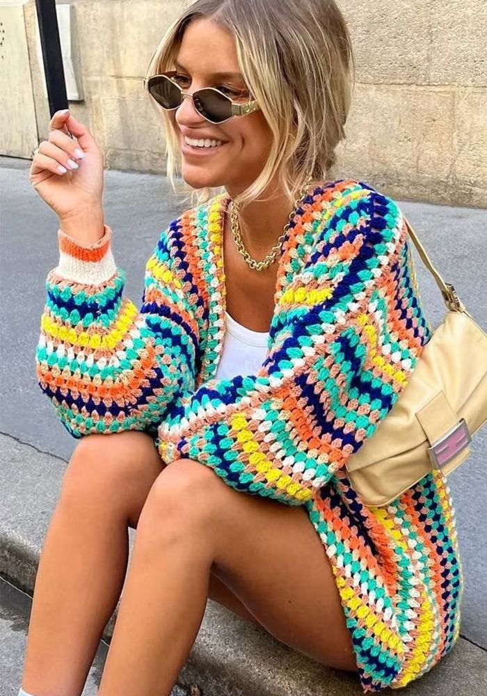 Manteau au Crochet Contrasté d'Automne Pull Cardigan Ample à Rayures Colorées