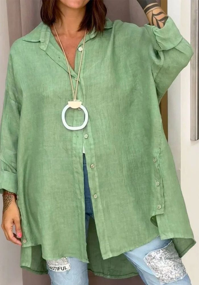 Chemise en lin à manches trois-quarts régulières et ample pour femmes, couleur unie d'été