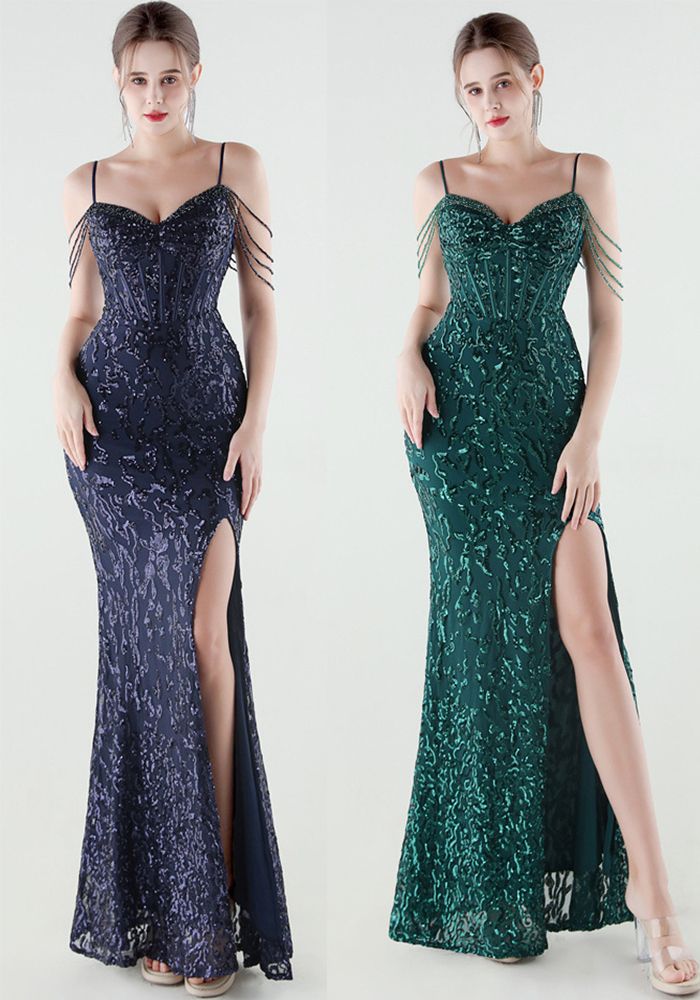 Robe de Soirée Slim Taille Basse en Sequins et Perles pour Femmes