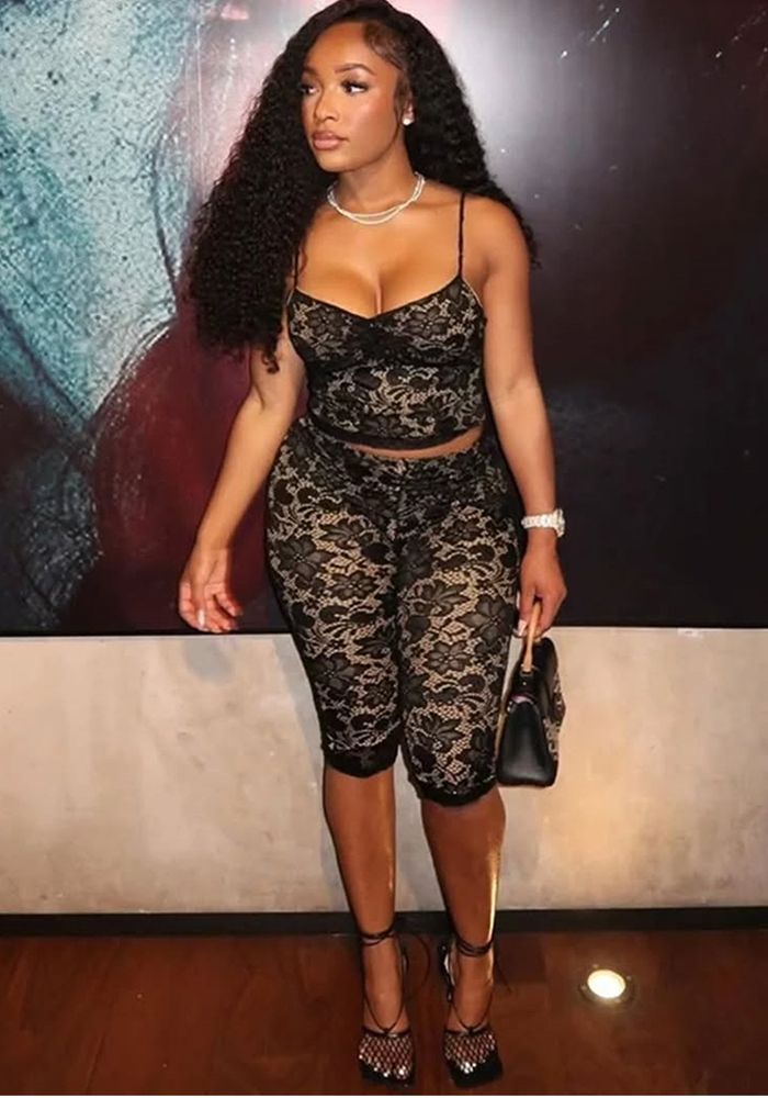 Ensemble Deux Pièces Femme Été Top Court en Dentelle Transparent Sans Manches et Pantalon à Motifs