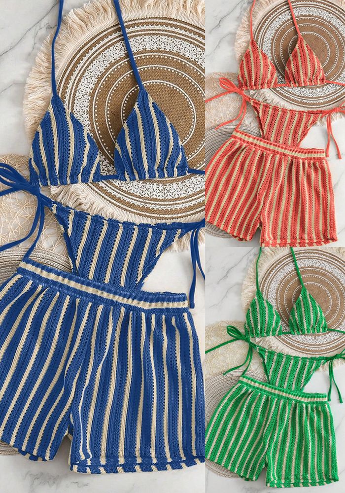 Ensemble de maillot de bain trois pièces en bikini avec short à jambes carrées rayé tricoté pour femmes