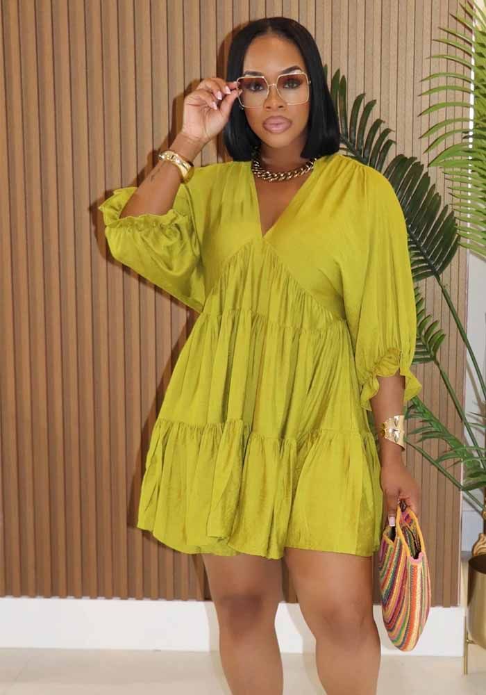 Robe plissée à manches bouffantes et décolleté en V pour femmes