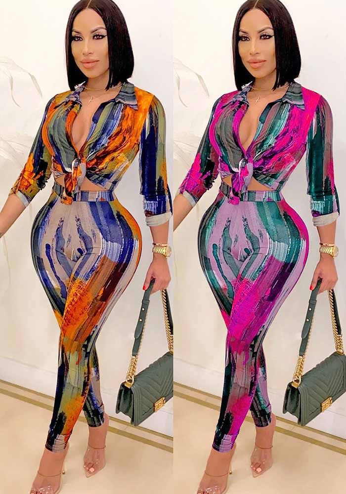 Ensemble Pantalon Deux Pièces à Imprimé Tendance avec Col V et Manches Longues