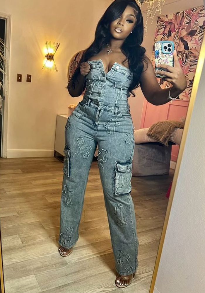 Combinaison en denim élastique sans bretelles brodée pour femmes