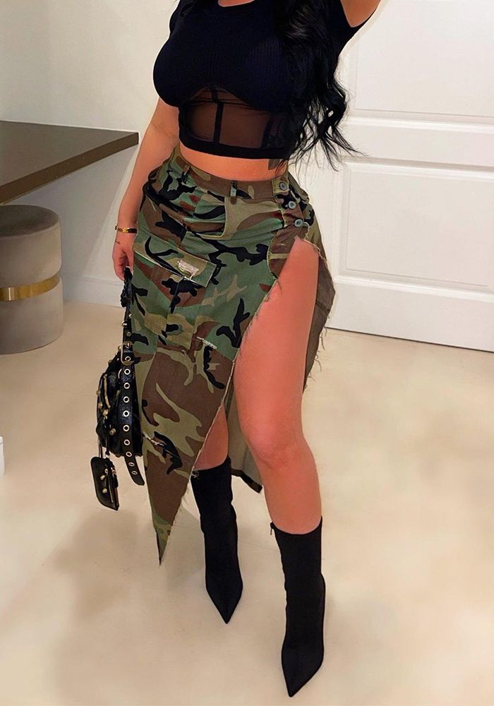 Jupe Femme Camouflage Lavée avec Poche et Fente