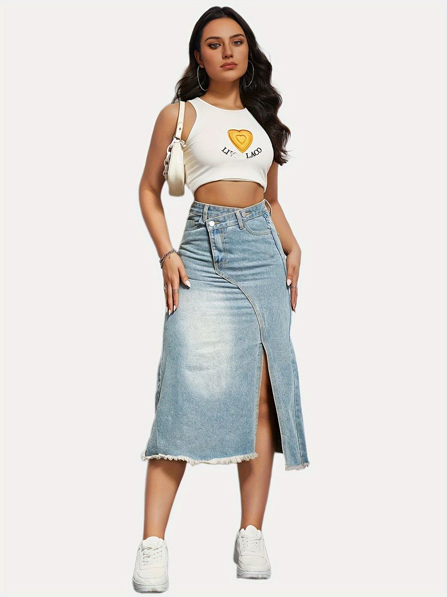Jupe en Denim Rétro à Fente et Patchwork pour Femmes d'Automne