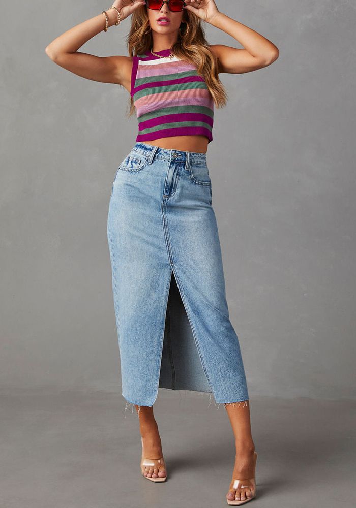 Jupe Mi-Longue En Jean Déchiré Taille Haute Pour Femmes