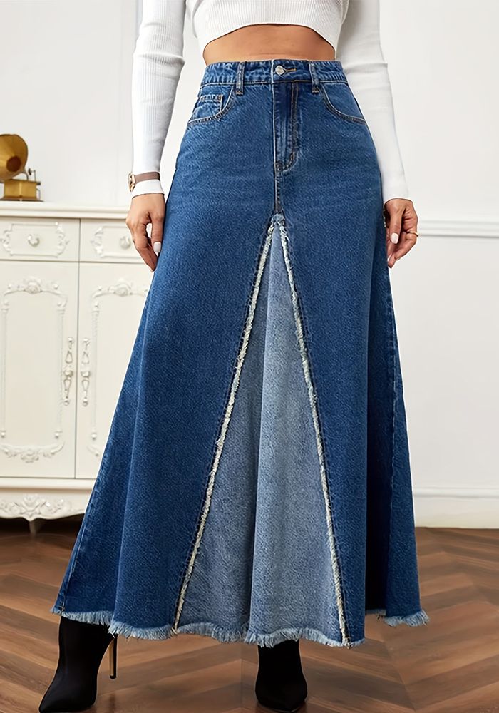 Jupe Longue en Jean A-Ligne à Ourlet Patchwork