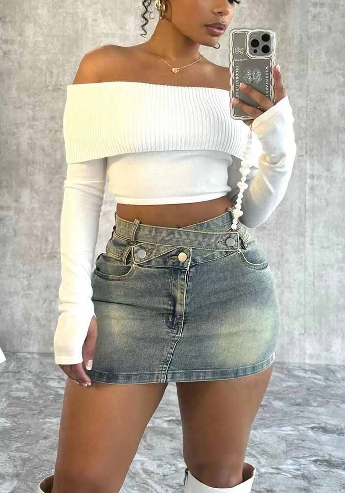 Jupe Mini Élastique Bodycon en Denim pour Femmes